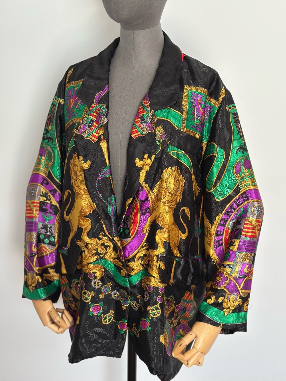 Heraldic Print Satin Blazer Black Green Purple Gold Oversized 90s Baroque Royal